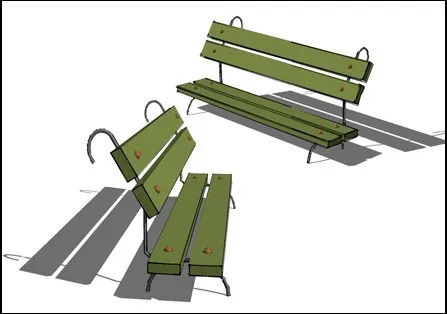 Early Blender exercise — two park benches with metal frames and green wooden slats, flat-shaded render, three-quarter view