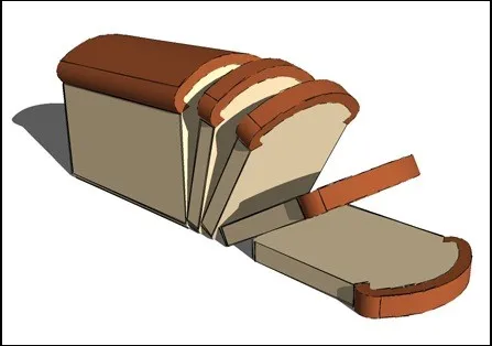 Early Blender exercise — sliced sandwich loaf at an angle, three slices fanned out with brown crust visible