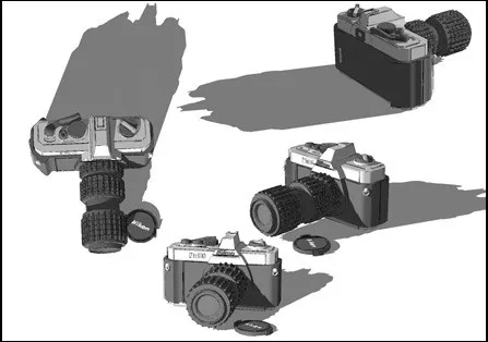 Early Blender exercise — four Nikon SLR cameras in different positions; grey flat shading, lens detail, film door visible