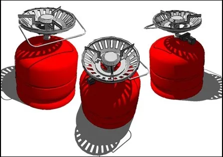 Early Blender exercise — three camp stoves: red cylindrical gas canisters with metal burner rings and wire pot supports