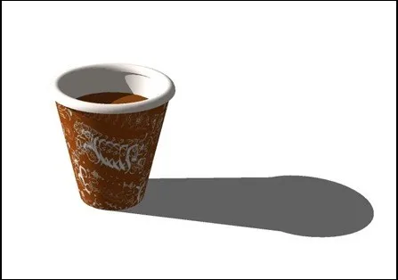 Early Blender exercise — espresso paper cup with ornate brown pattern, long cast shadow on white ground