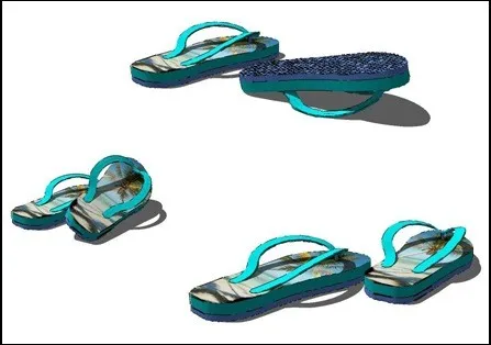 Early Blender exercise — three pairs of teal flip-flops at different angles, tropical print footbed, flat shading
