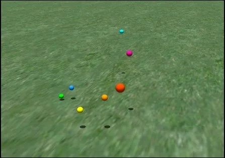 Early Blender exercise — miniature golf putting green with textured grass, several coloured balls and cup holes from aerial perspective