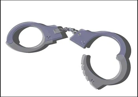 Early Blender exercise — police handcuffs, linked steel rings with ratchet detail and chain, silver-blue flat shading