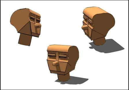 Early Blender exercise — blocky low-poly human head, three views, warm brown flat shading with cast shadows