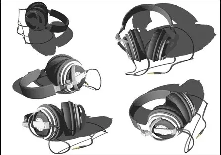 Early Blender exercise — over-ear headphones in five views, dark grey hard shell with padded ear cushions and coiled cable