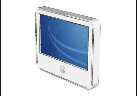 Early Blender exercise — flat-panel iMac G5, white and translucent casing with blue aqua desktop screen showing
