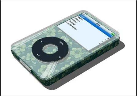 Early Blender exercise — iPod Classic with green floral custom skin, click-wheel and colour screen showing menu; cast shadow