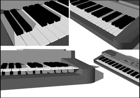 Early Blender exercise — piano keyboard rendered from four angles; grey and white keys, flat shading