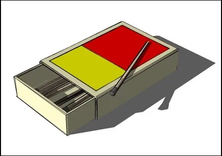 Early Blender exercise — open matchbox with red and yellow colour-blocked lid, single matchstick lying across top