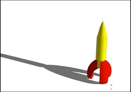 Early Blender exercise — simple rocket on launch pad, yellow body with red fin ring, long cast shadow