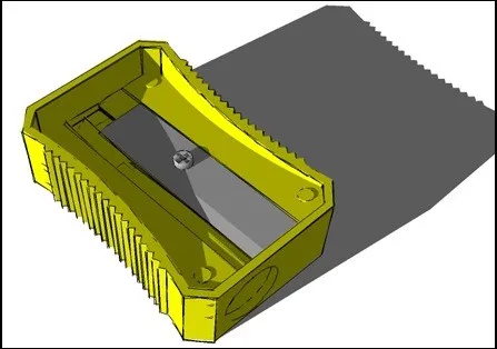 Early Blender exercise — yellow plastic pencil sharpener, open top view showing blade slot, cast shadow