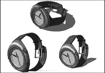Early Blender exercise — wristwatch in three positions; dark case with white dial, grey leather strap