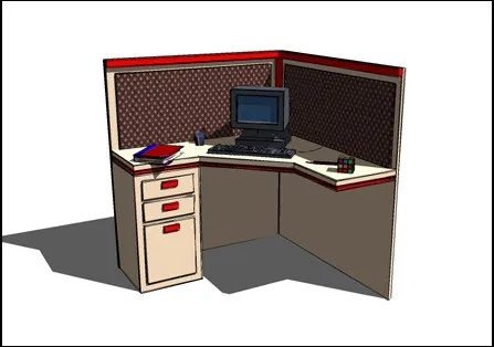 Early Blender exercise — L-shaped office workstation with upper hutch, CRT monitor and keyboard, fabric cubicle panels in brown and red