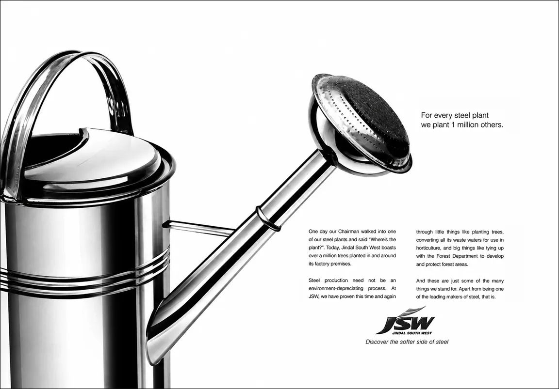 JSW Steel print advertisement — 'Discover the softer side of steel' campaign by Nabina Ghosh