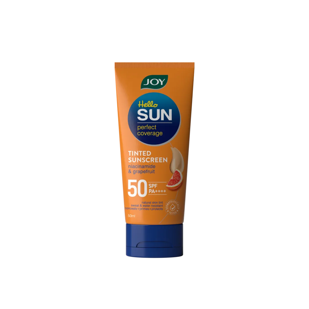 Joy Hello SUN tinted sunscreen SPF 50 — 3D variant render of orange tube with grapefruit illustration