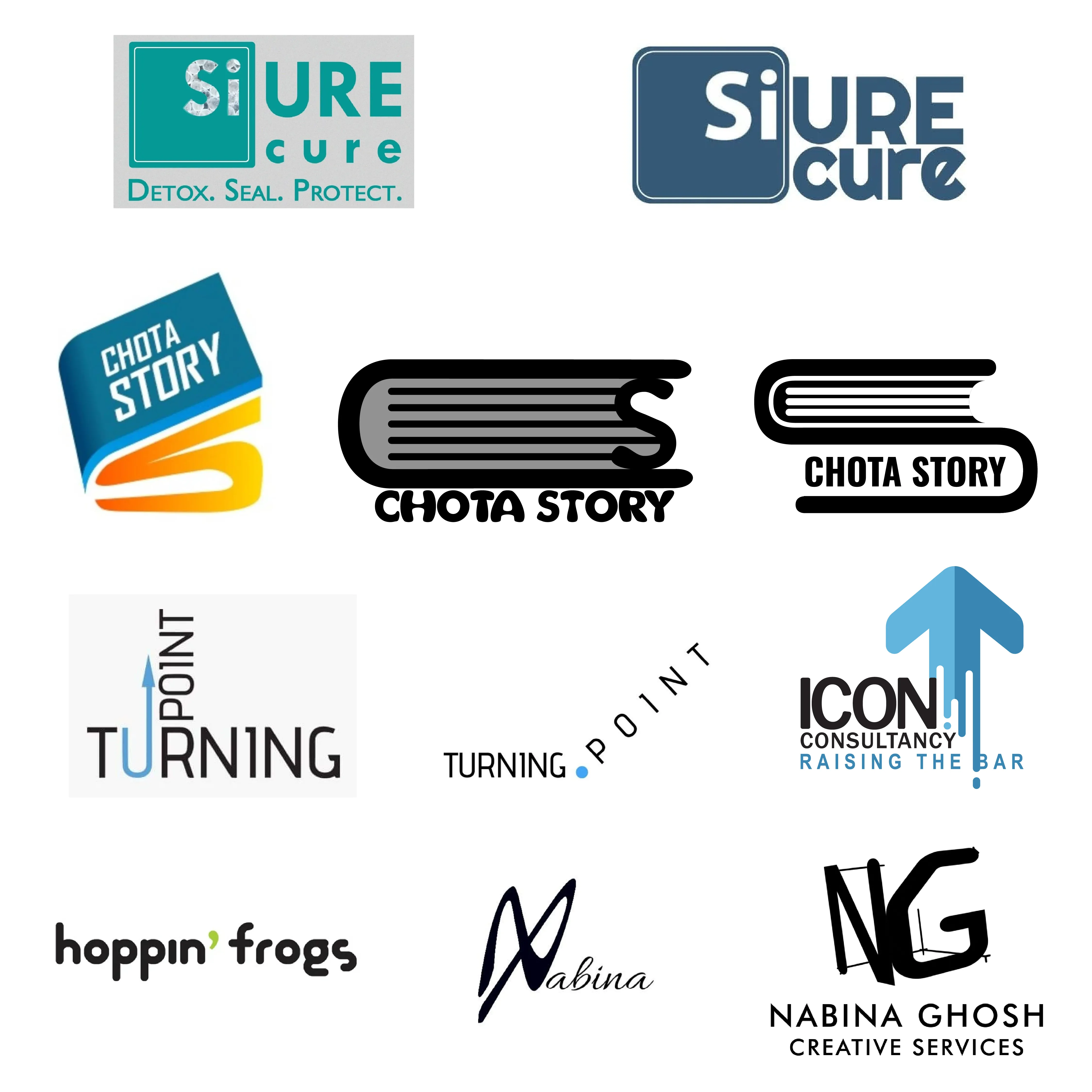 Logo design portfolio — SiURE cure (two lockups), Chota Story (three variants), Turning Point, Icon Consultancy, hoppin' frogs wordmark, Nabina signature, and NGCSI logotype