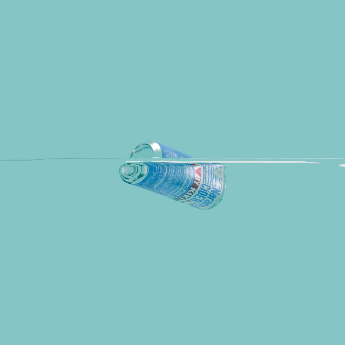 MitraSena sealed agri-product can — 3D render floating in teal water, demonstrating the airtight seal of the can packaging format