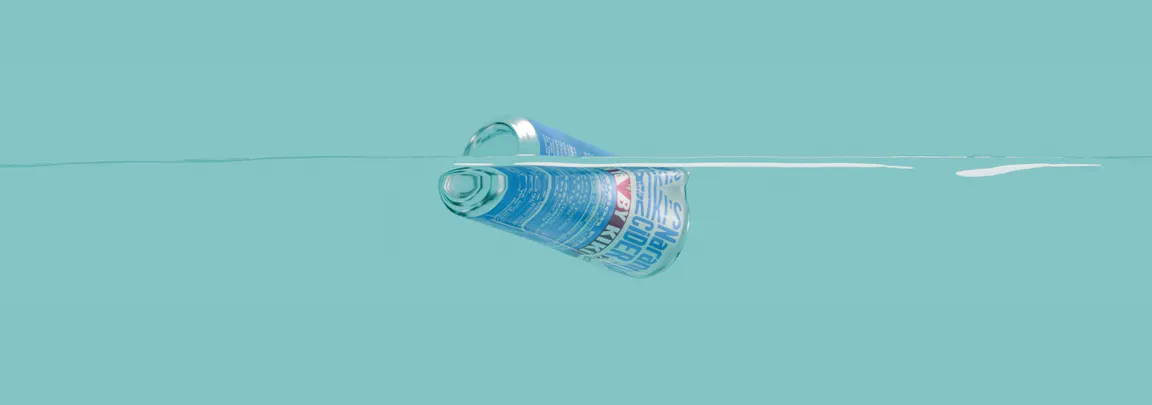 MitraSena sealed agri-product can — wide-format 3D render, can half-submerged horizontally in teal water