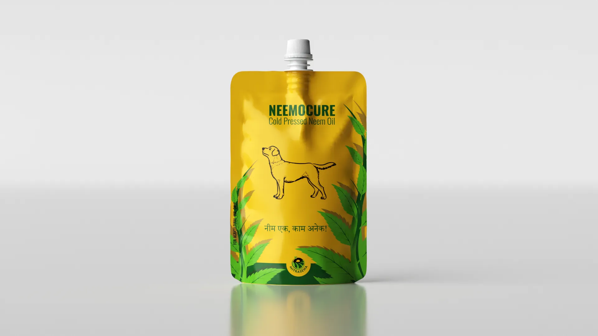 MitraSena Neemocure cold pressed neem oil — yellow illustrated stand-up pouch with dog motif and Hindi tagline; product now on store shelves