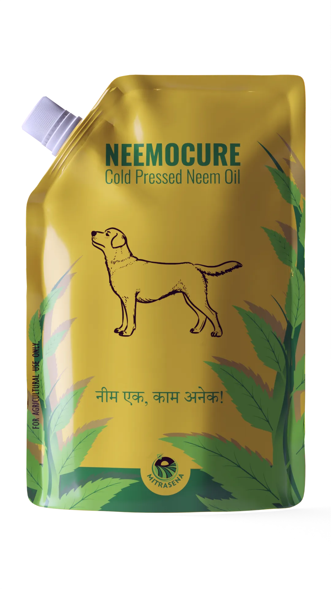 MitraSena Neemocure cold pressed neem oil — 3D variant render of yellow spout pouch with dog illustration
