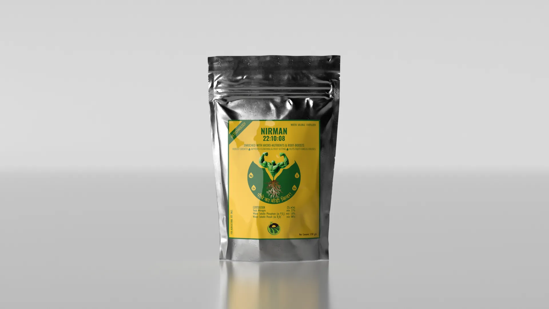 MitraSena Nirman 22-10-90 NPK fertilizer — foil stand-up pouch design with wrestler motif on yellow and green label; product now on store shelves