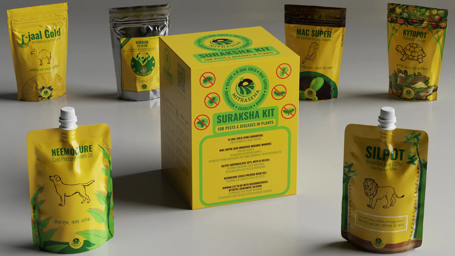 MitraSena Suraksha Kit — complete pest and disease management kit box with six individual product pouches: Nirman, Silpot, Neemocure, Njaal Gold, Mac Super and Kytopot