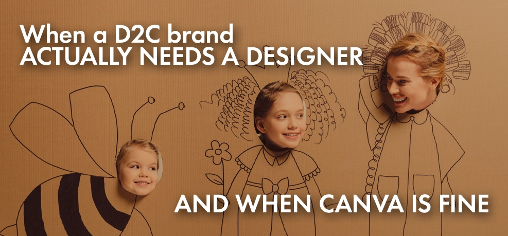 Three replaceable faces placed into a costume template, illustrating how templates can suit many D2C design tasks while custom design is better for foundational brand work.