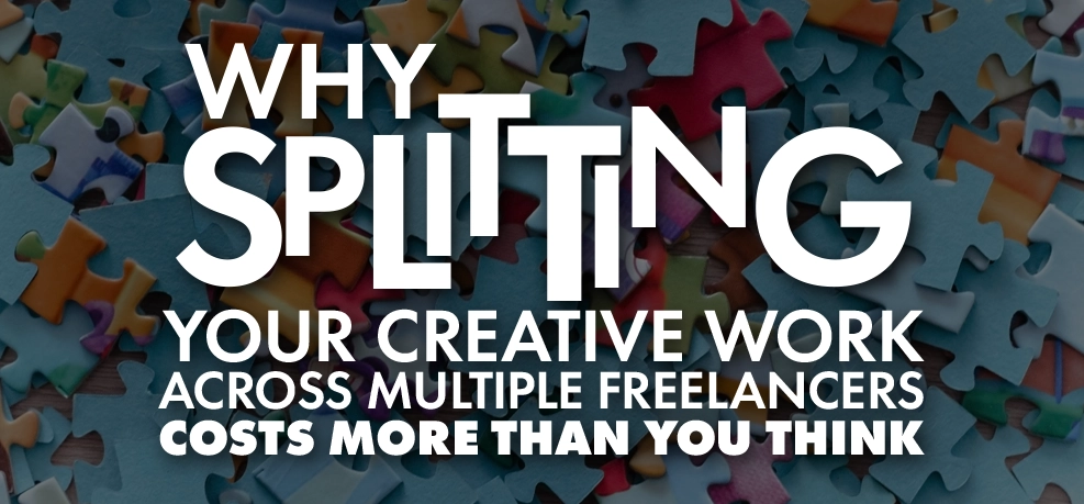 Scattered jigsaw puzzle pieces symbolising creative work split across multiple freelancers, illustrating the challenge of bringing separate disciplines together into one coherent brand.