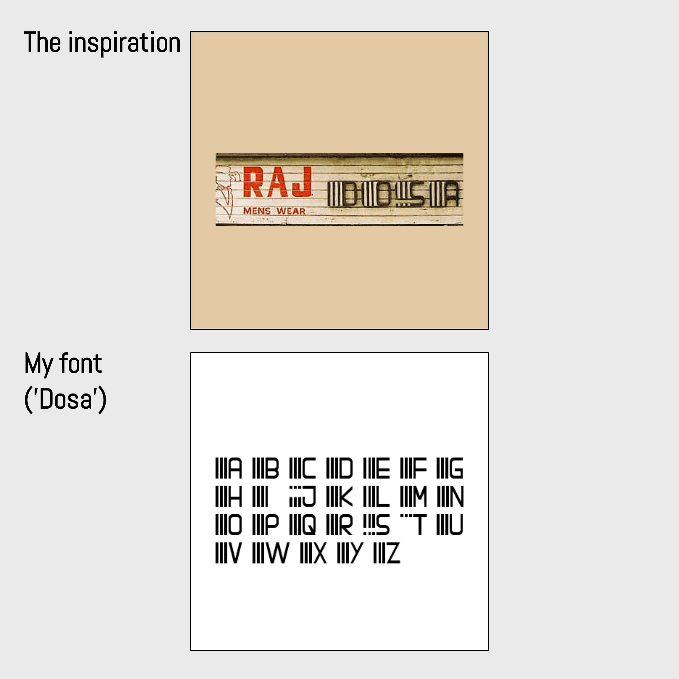 Dosa font — inspiration and full alphabet specimen