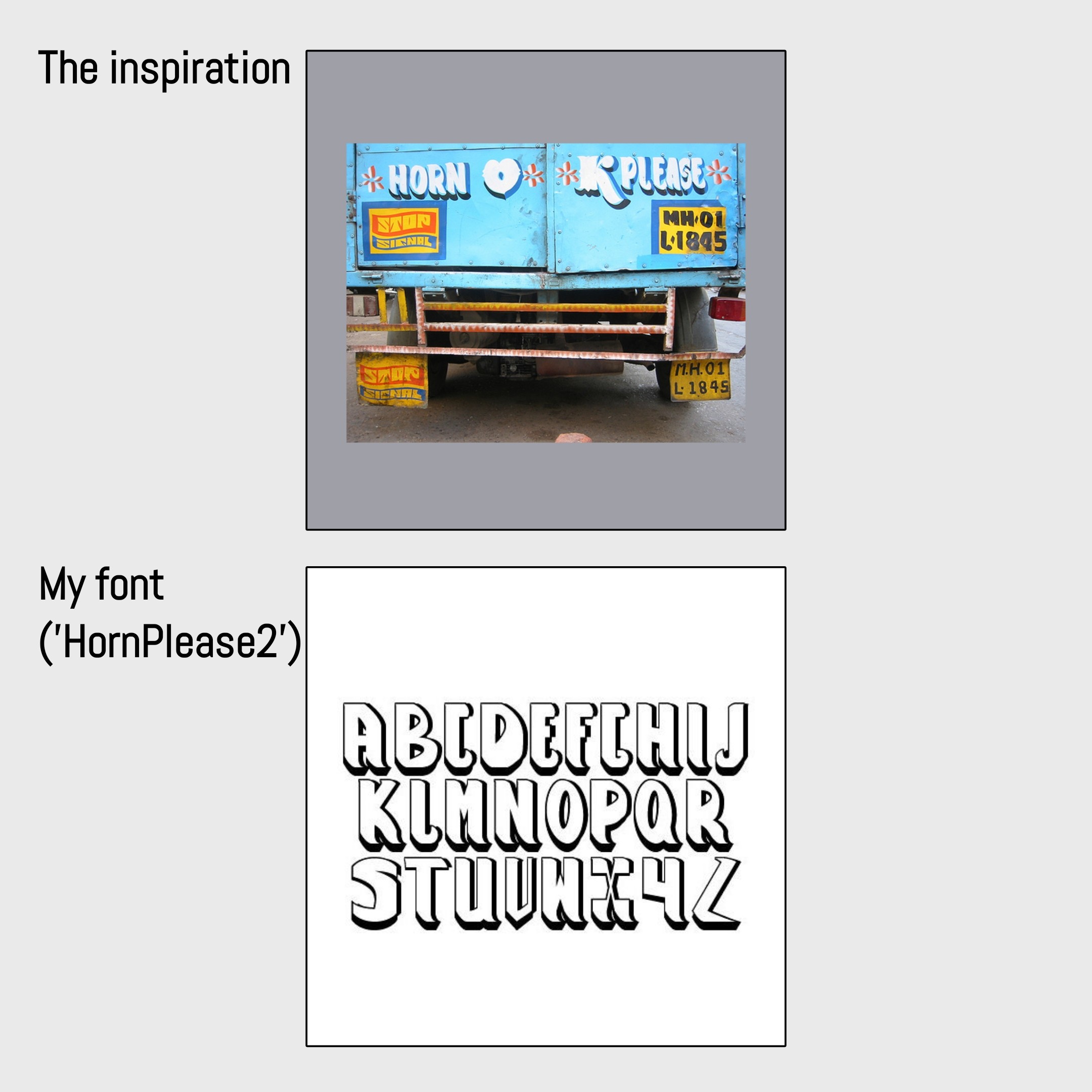 HornPlease2 font — variant on truck-back lettering, inspiration and full alphabet specimen
