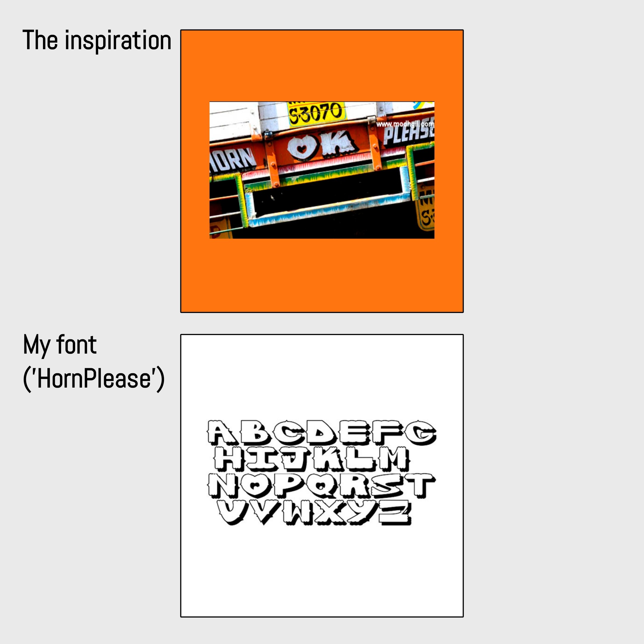 HornPlease font — inspiration photo of truck tailgate "Horn OK Please" lettering and full alphabet specimen in rounded chunky letterforms with inline strokes