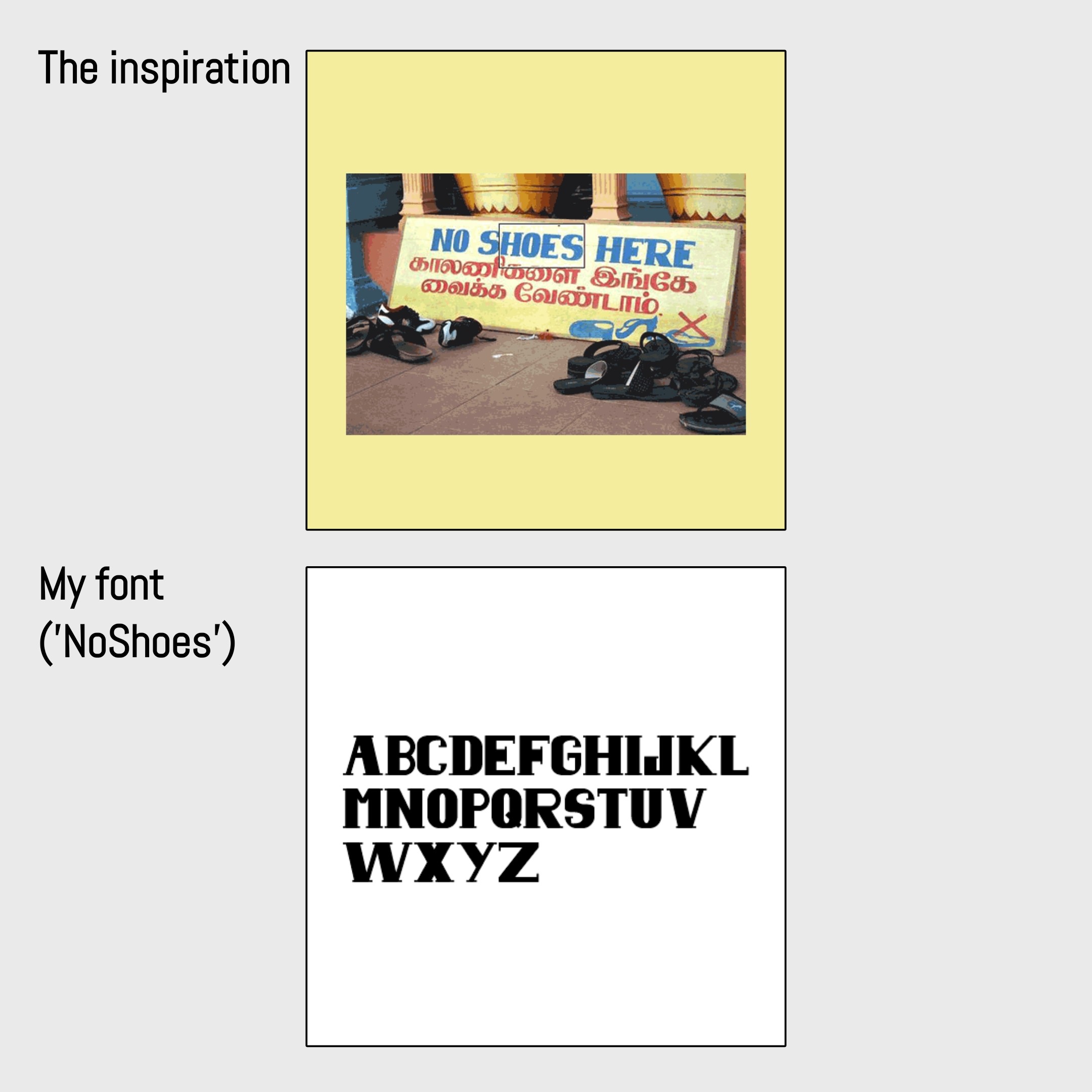 NoShoes font — inspiration and full alphabet specimen