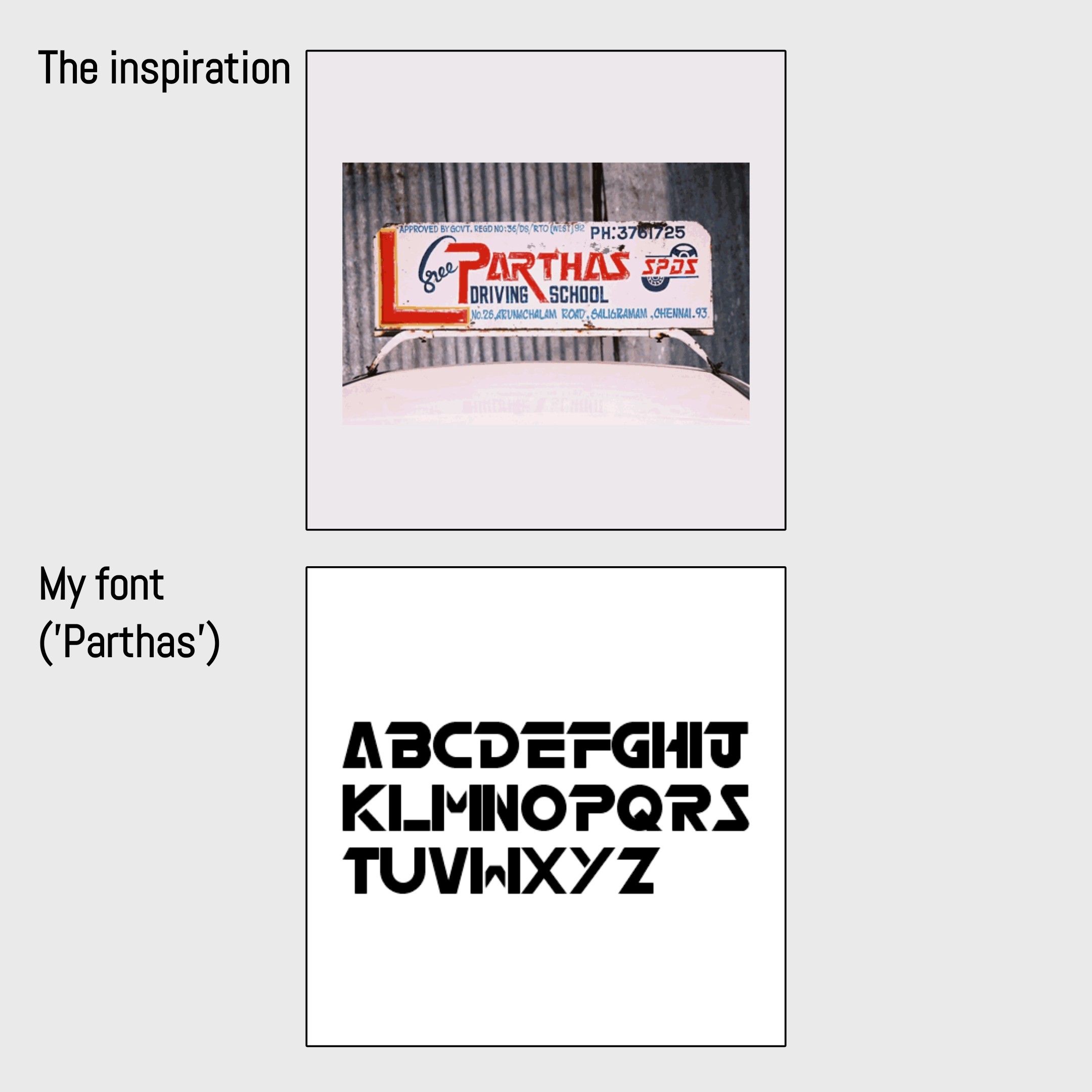 Parthas font — inspiration and full alphabet specimen