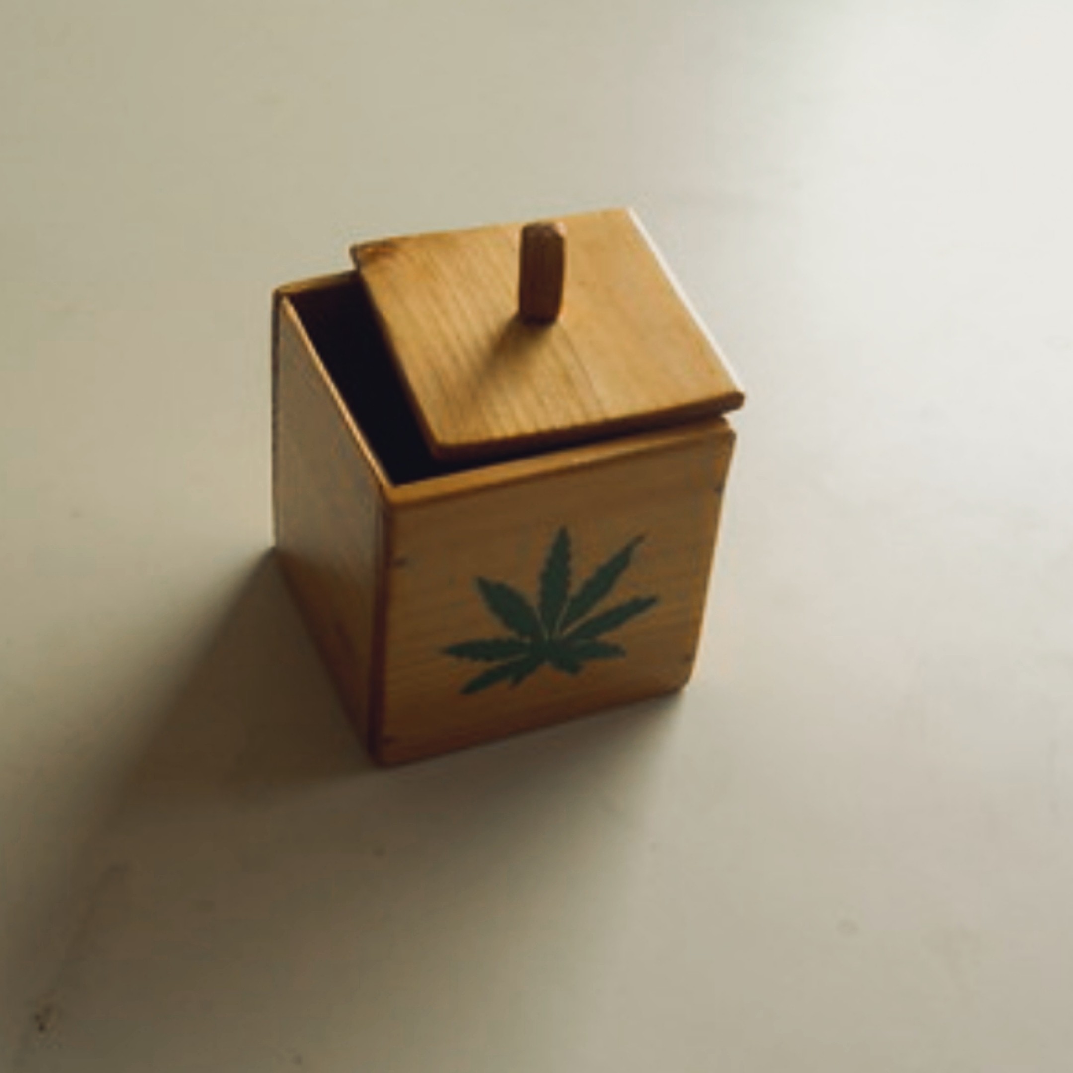Small handmade pinewood box with sliding lid and knob, painted hemp-leaf motif on the front panel