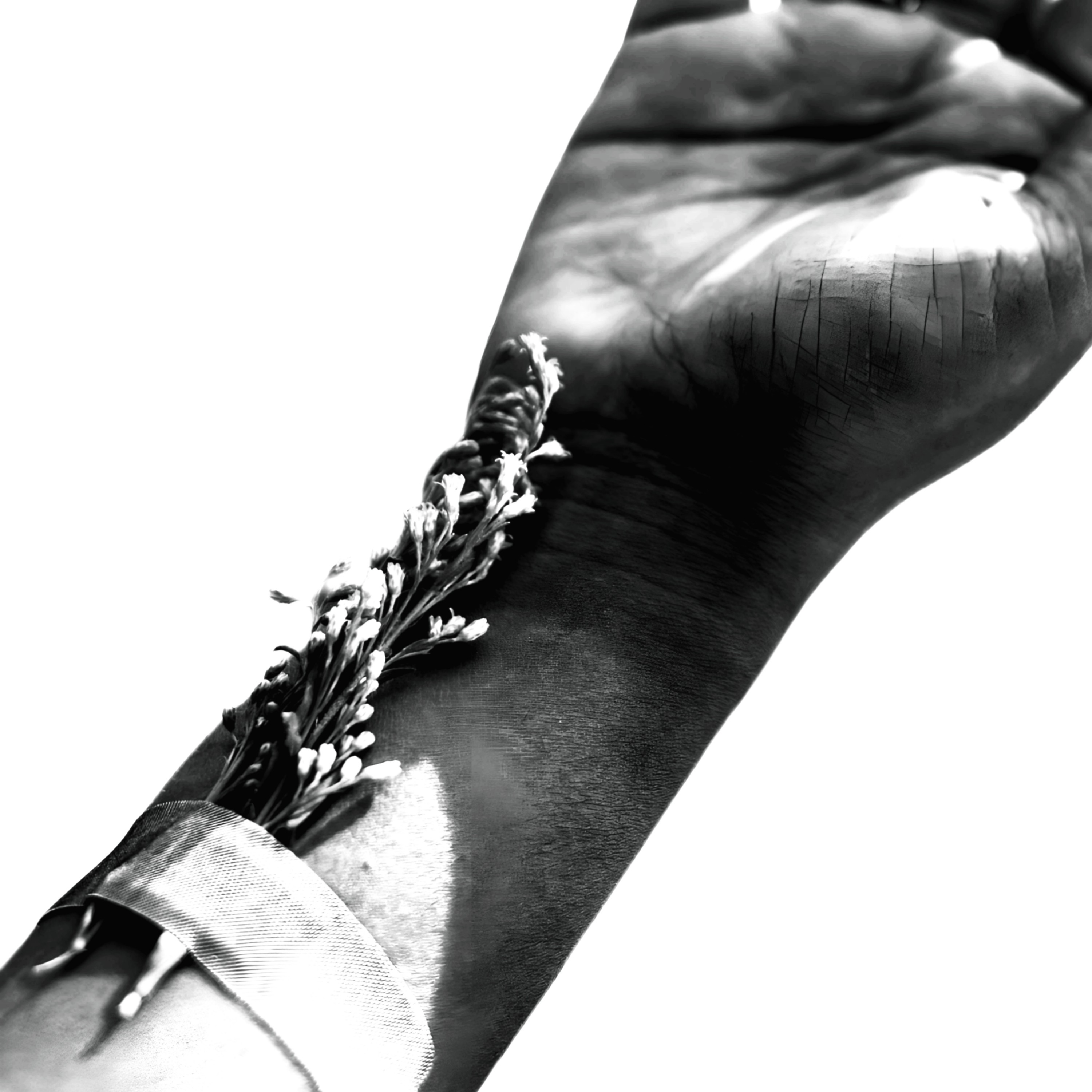 Black and white photograph of a wrist and forearm with a small spray of dried wildflowers tucked into the sleeve cuff