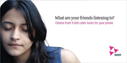 Hutch print ad — 'What are your friends listening to? Choose from 9,000 caller tunes' — young woman with eyes closed, Hutch logo