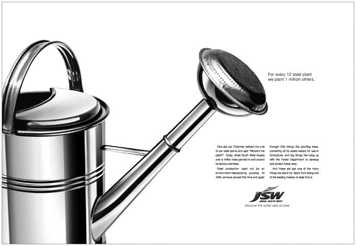 JSW Steel — 'For every 12 steel plants we plant 1 million others' — steel watering can visual, long copy about tree planting CSR