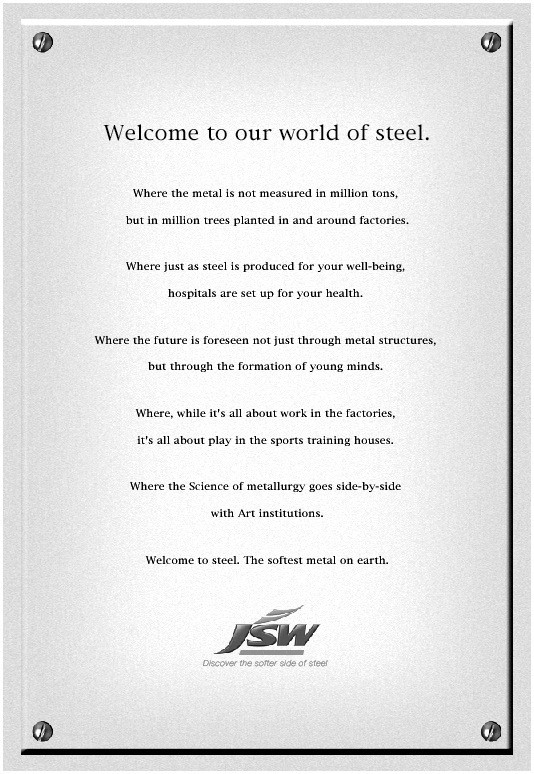 JSW Steel — 'Discover the softer side of steel' series, ad 7