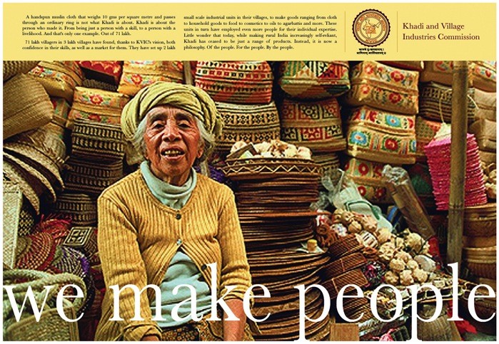 Khadi KVIC print ad — woman in traditional dress, copy about Khadi philosophy and village empowerment