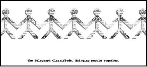 The Telegraph Classifieds print ad — paper cut-out people holding hands forming a chain, 'Bringing people together' baseline