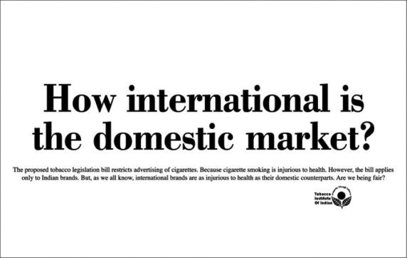 Tobacco Institute of India — 'How international is the domestic market?' — advocacy print ad